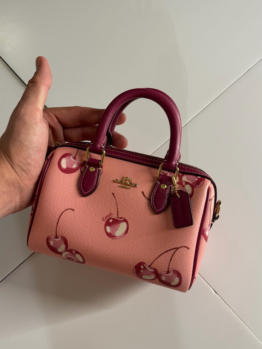 Coach Pink Cherry Mini Satchel with Plum Handles and Gold Hardware